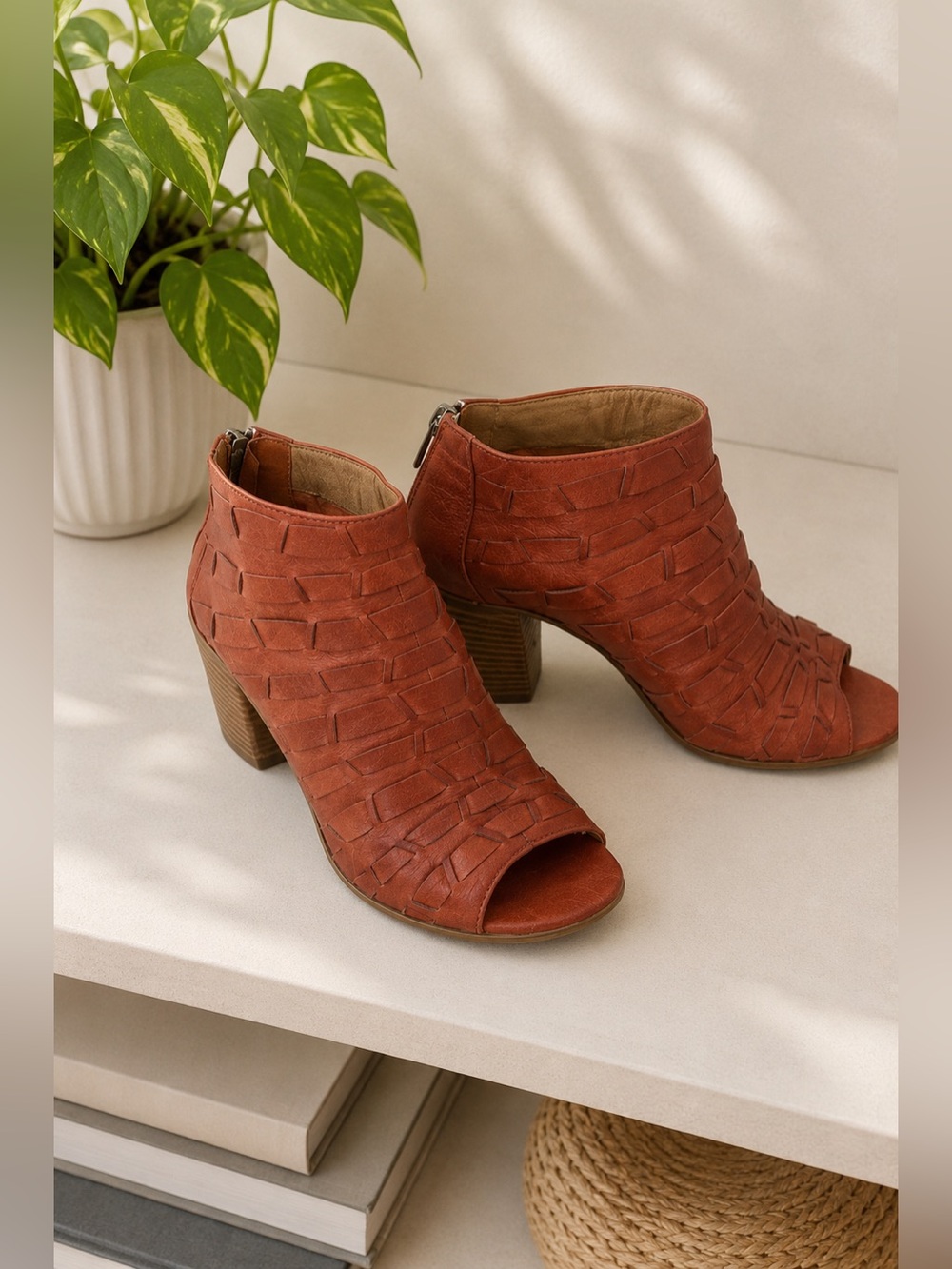Ego Trip Woven Leather Booties Sz 40 Open Toe Stacked Heel Boho Euro Sandal Scan